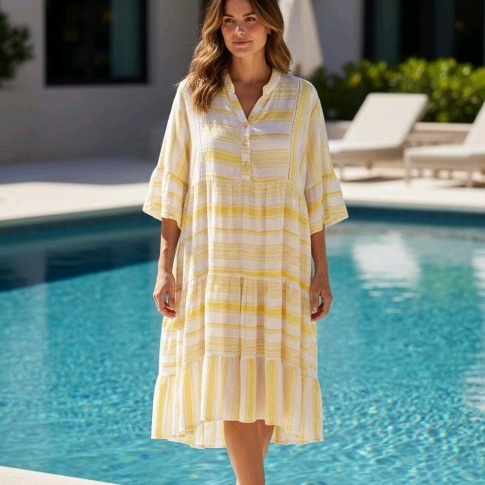 Charli Cotton Cover-Up Babydoll Mini Dress O/S White Yellow Beach Made In Italy
